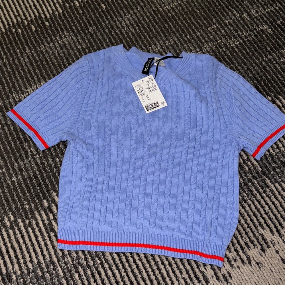H and M Light Blue Cable Knit Sweater with Red Trim